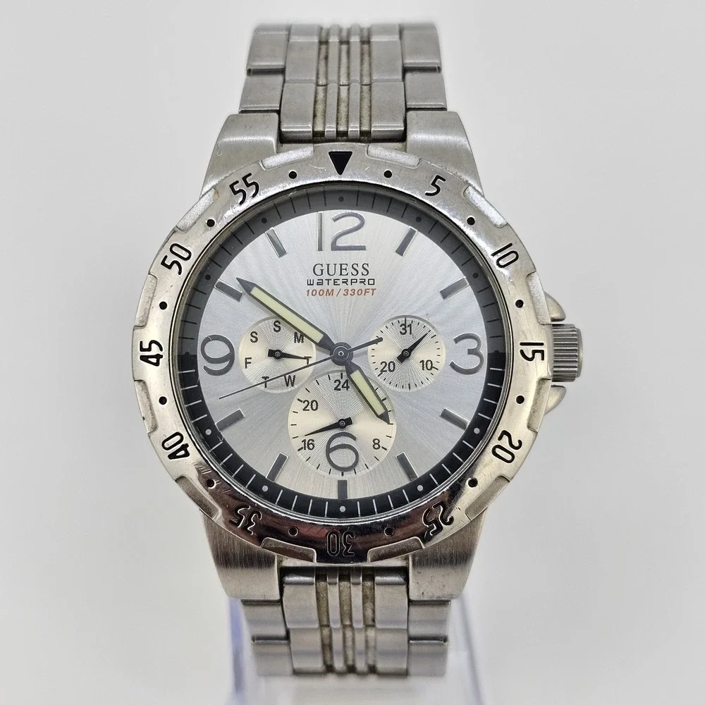 Guess Men's Watch 42MM Gray Dial Date Day Gray Bracelet Band 6.5